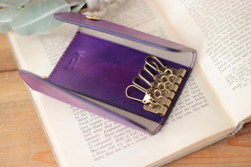 新作　キーケース5 　手染めパープル／スマートキー、カードも入るマルチケース | 5枚目