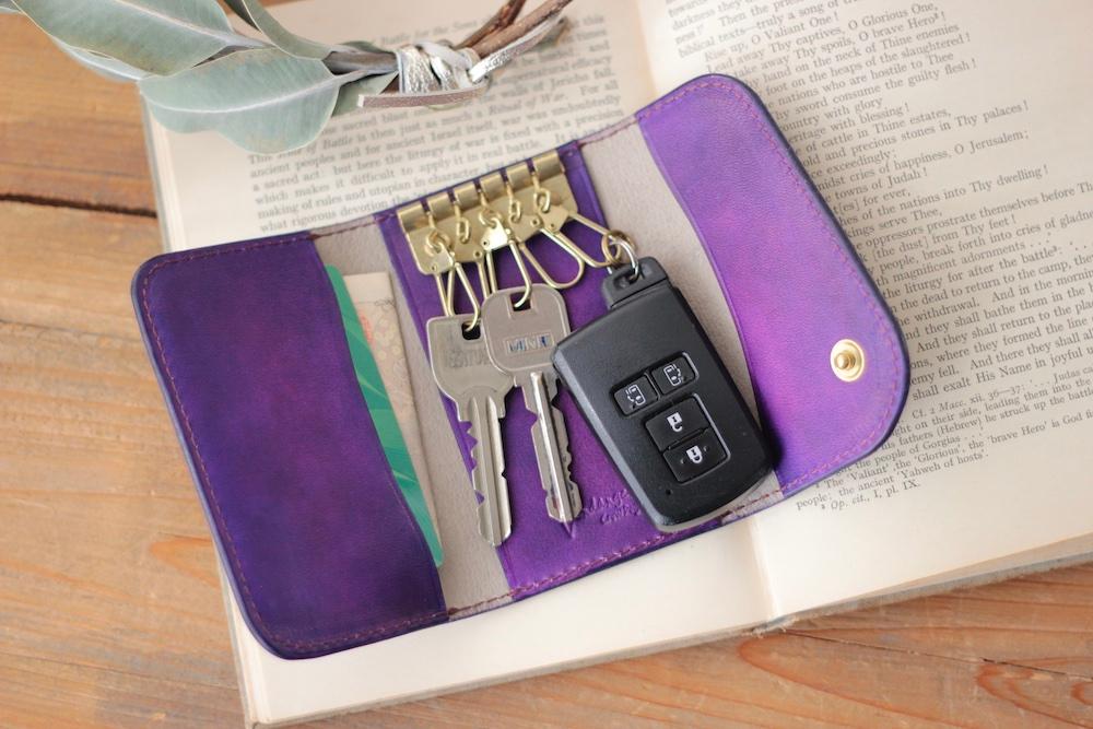 新作　キーケース5 　手染めパープル／スマートキー、カードも入るマルチケース | 7枚目