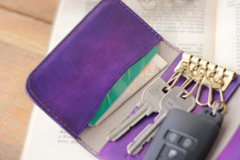 新作　キーケース5 　手染めパープル／スマートキー、カードも入るマルチケース | 8枚目
